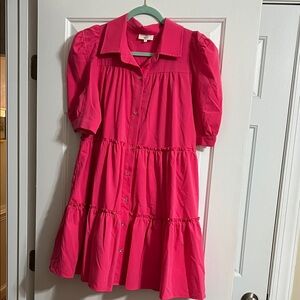 Entro Pink and Gold Tiered Puff Sleeve Button Down Dress Size Large